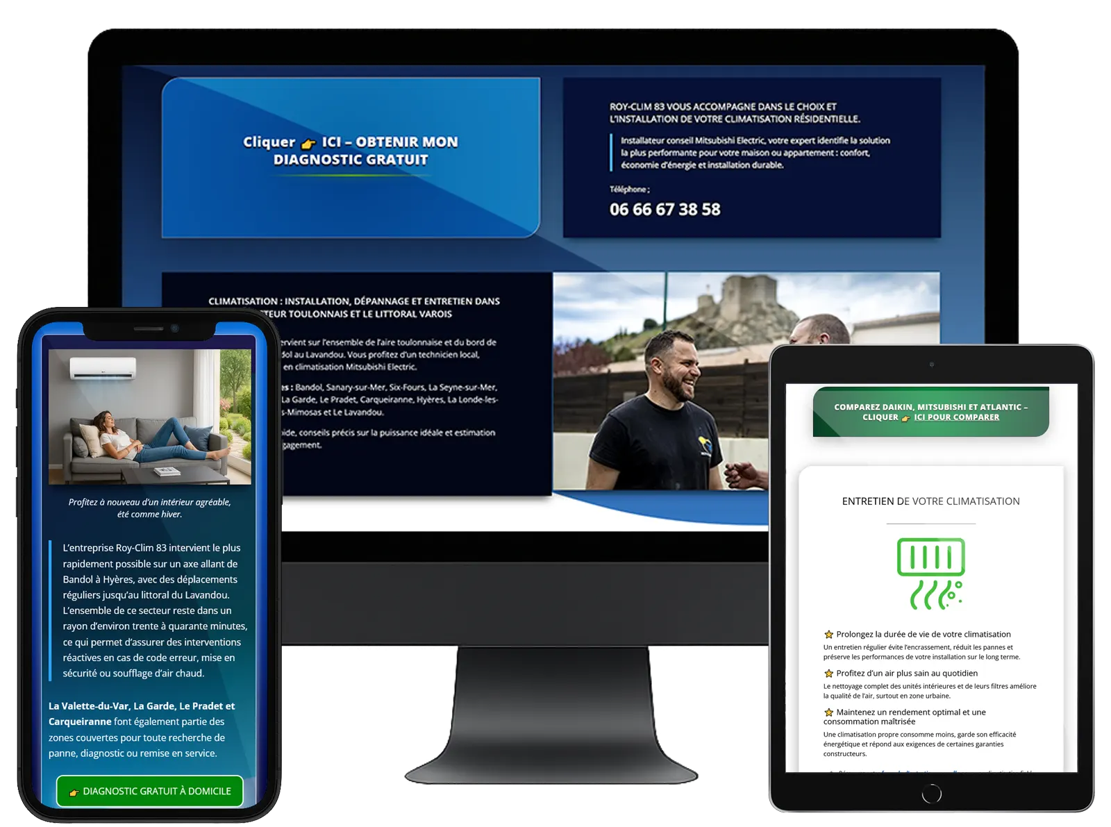 Refonte d’un site internet pour un artisan du bâtiment, avec affichage responsive sur ordinateur, tablette et mobile.