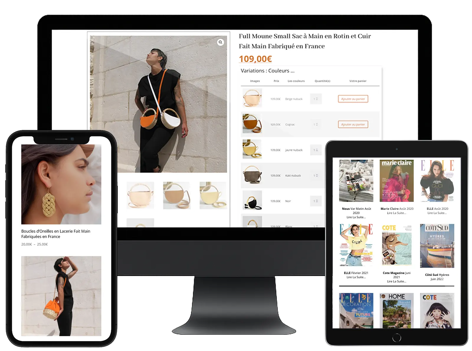 Exemple de site internet pour une créatrice avec boutique physique à Hyères et e-commerce adapté à son activité.