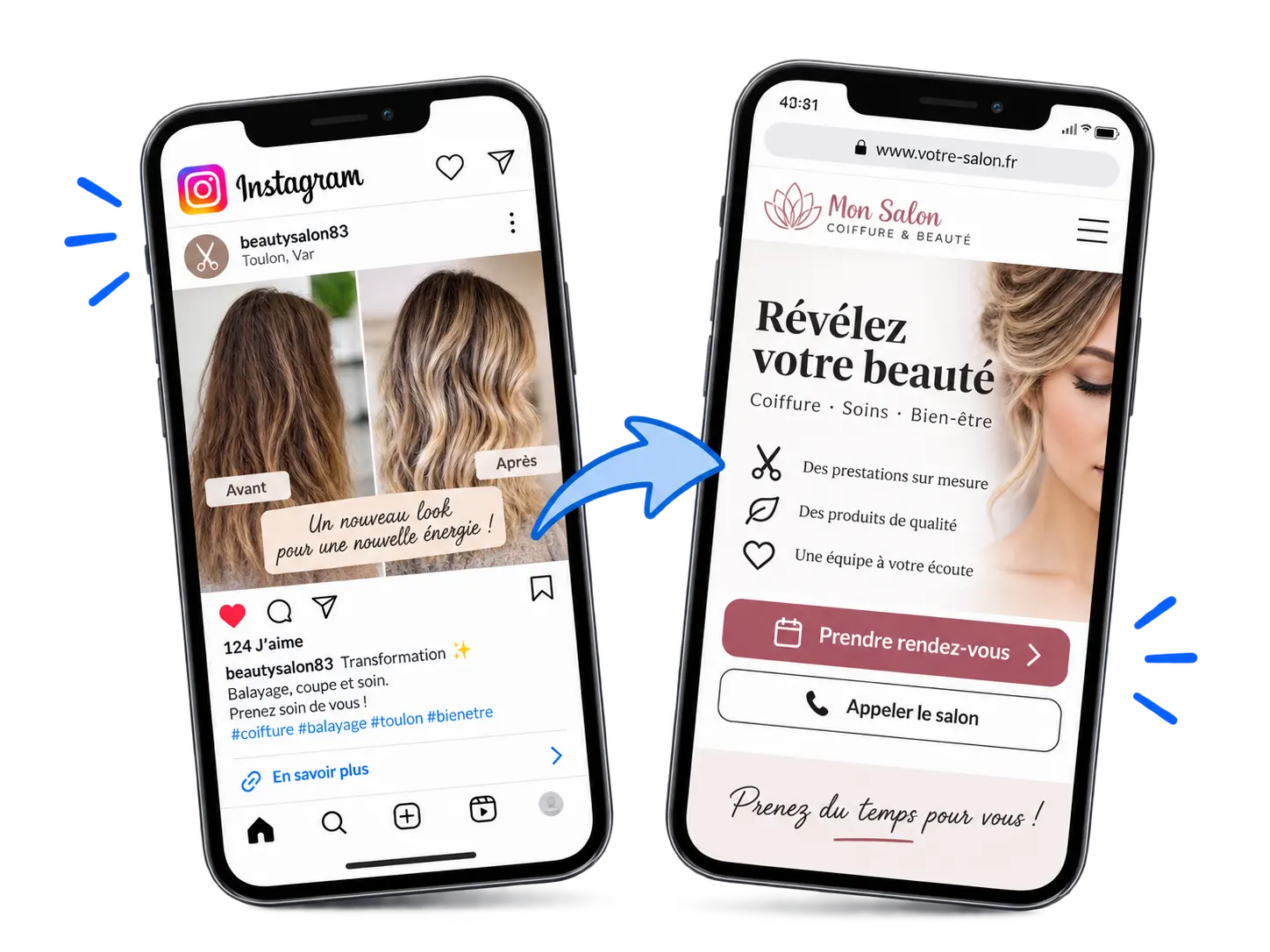 Exemple de parcours entre une publication Instagram de coiffure beauté et une prise de rendez-vous sur le site internet
